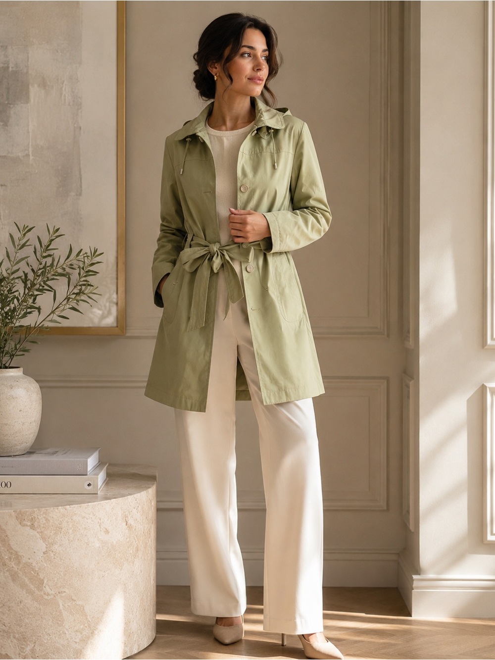 Croft & Barrow Sage Green Hooded Rain Jacket Coat Belted Women’s Large